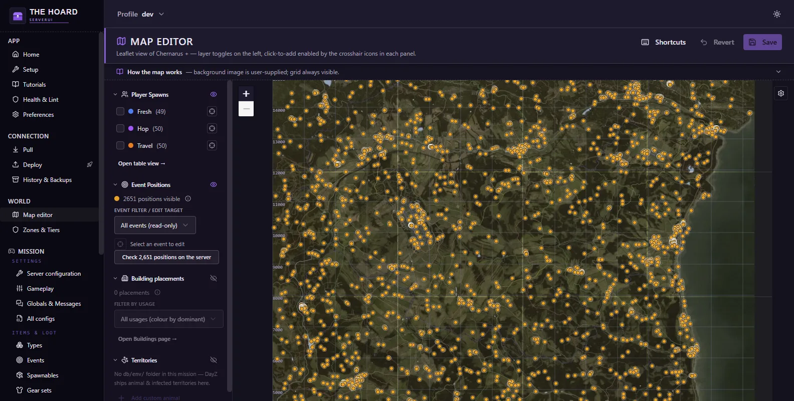 Map editor showing 2,651 event positions over the Chernarus terrain with layer controls