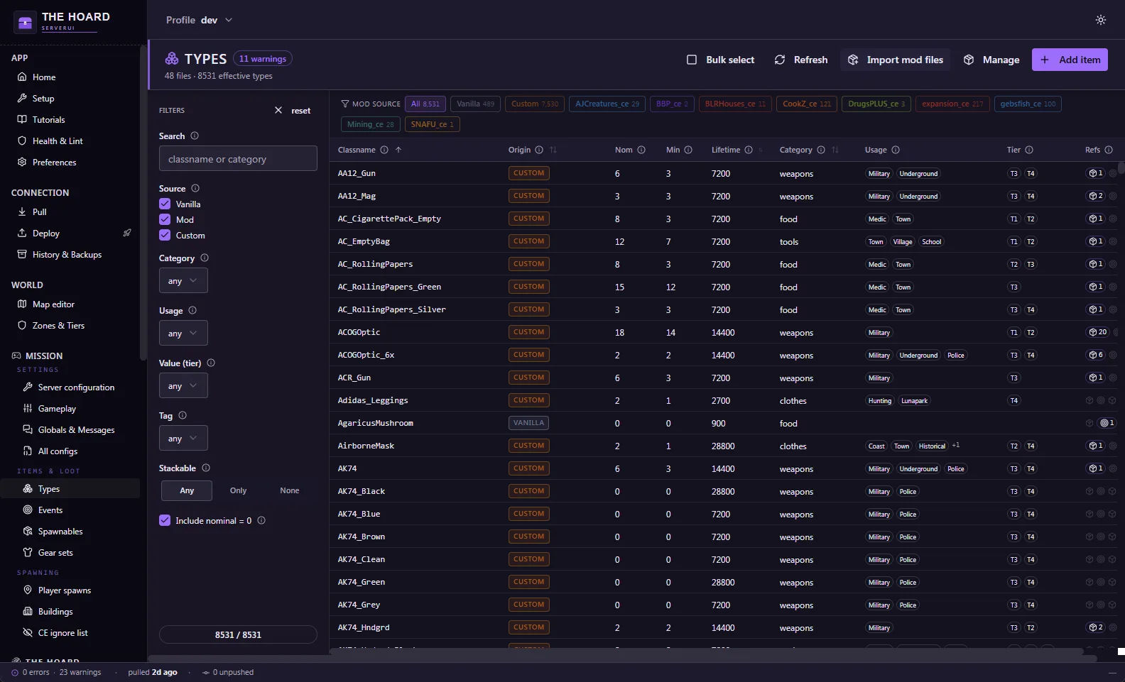 Types editor: a filterable table of 8,531 item types with origin, nominal, lifetime, usage and tier columns