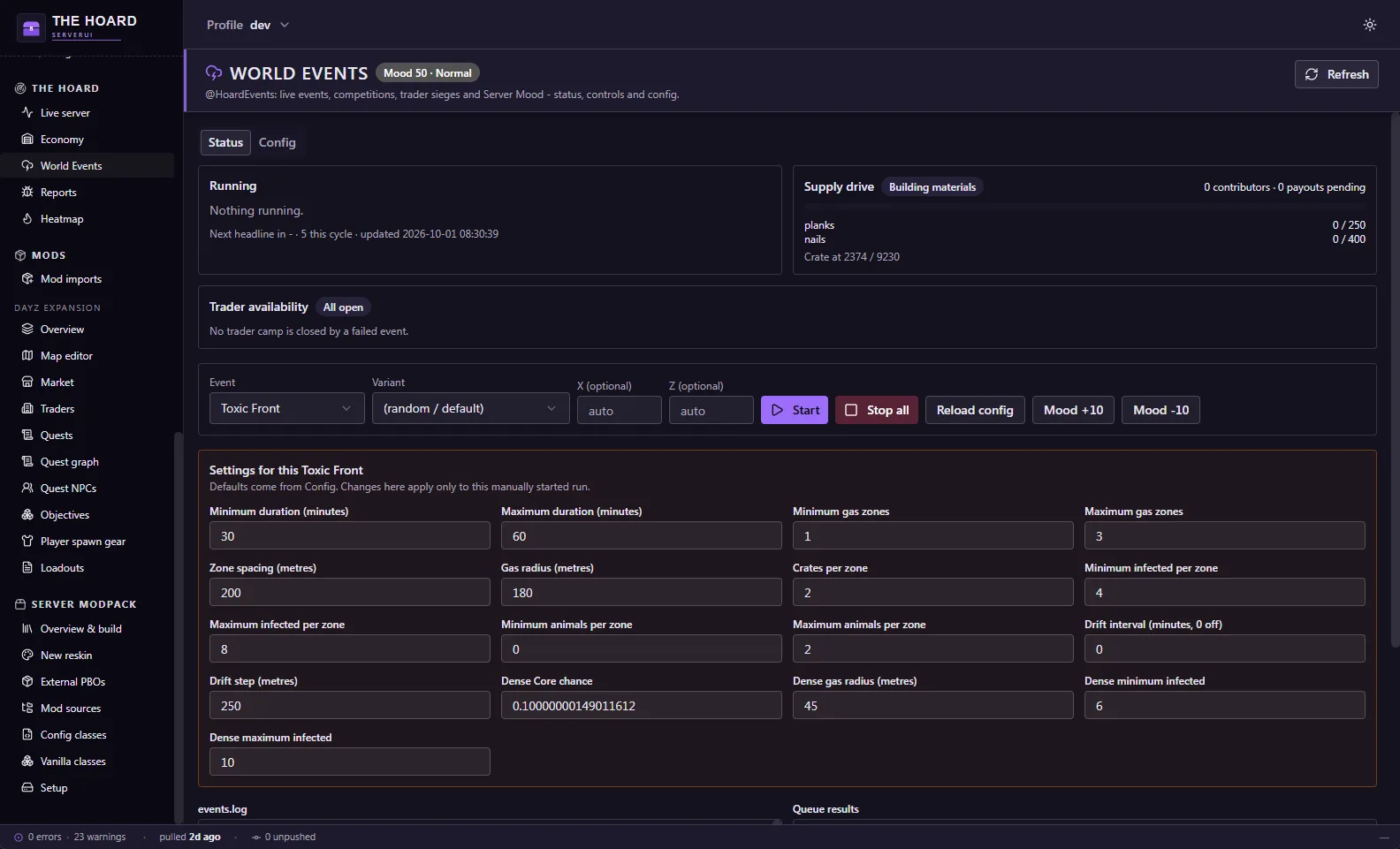 World events control panel with event status, supply drive progress and Toxic Front settings